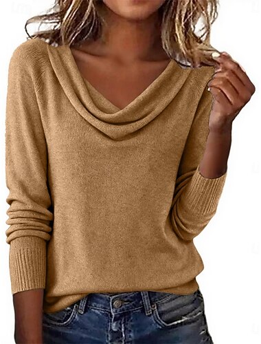  Damen Pullover Elegant Langarm Wasserfallausschnitt Normale Oberteile Lässig Täglich Blau Weiß Khaki Schwarz Grün Herbst Winter