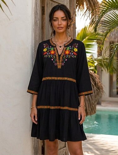  Vestido corto de algodón bordado para mujer, vestido de verano, vestido de corte A, vestido ajustado y acampanado, vestido de vacaciones, fiesta, casual, diario, playa, fiesta, floral, manga 3/4,