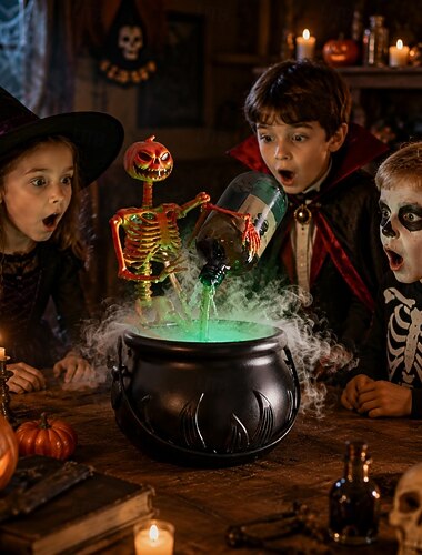  Halloween-Tischdeko: Kürbis-Skelett-Kessel mit animierter Tischdekoration, LED-grüner Nebelzaubertrank-Schüssel, USB-betriebener Hexenkessel mit fließendem Wassereffekt, gruselige