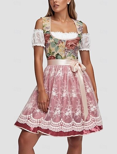  Oktoberfest Dirndl ruha Dirndl készlet Dirndl blúz Midi hosszúság Csipke Aszimmetrikus Puffos Szobalány Német alpesi Örökség Meadows Női Farsang Sörfesztivál Hagyományos stílusú ruha