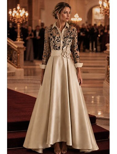  A-Linie Asymmetrisch Bodenlang Abendkleid Elegant Farbblock Blumen Langarm Hemdkragen Abendgesellschaft Hochzeit Satin Paillettenbesetzt mit Glitzer Falten Paillette
