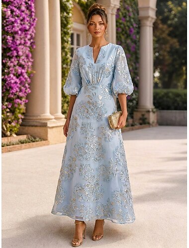  A-Linie Knöchellänge Brautmutterkleid Dreiviertelarm V Ausschnitt Elegant Vintage Gartenparty Formell Hochzeitsgast Organza Spandex Satin Chiffon Jacquard mit 3D-Blumen Blume