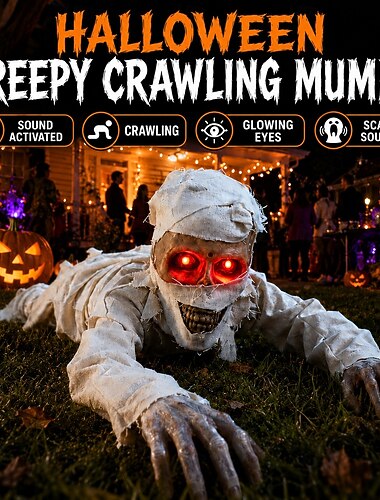  Décoration de maison hantée d'intérieur pour Halloween 2026 : momie fantôme animée rampante, yeux rouges lumineux à LED, cris effrayants activés par le son, fonctionne avec des piles AAA.