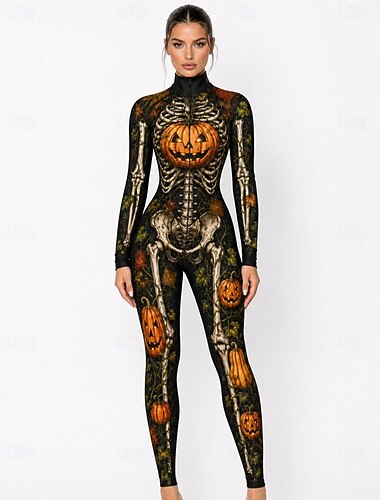  Halloween Combinaison combinaison Potiron squelette complet Squelette Fermeture Eclair Dorsale Impression Lanterne Jack O'Lantern Gothique Fantasmagorique Unisexe Costume pour Club Festival de