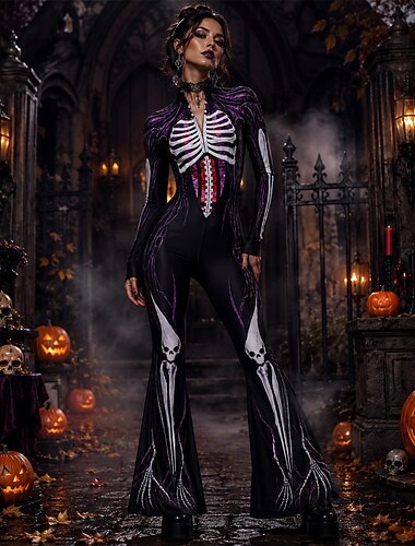  Halloween combinaison Combinaison Pantalon évasé squelette complet Squelette Impression Fermeture éclair avant Gothique Fantasmagorique Femmes Costume pour Club Festival de Musique Soirée Halloween