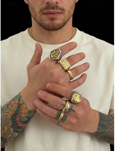  Asymmetrische ringenset voor heren, gemaakt van een legering, in hiphopstijl. Opvallende ringen van goud en zilver voor streetwear, feestjes, festivals, avondjes uit, vakanties en als punkrock