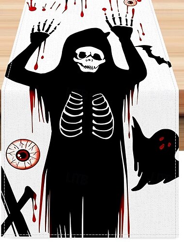  Camino de mesa de Halloween con esqueleto y la Parca, estilo gótico de terror, decoración para fiestas de Halloween, decoración para mesas de comedor en casas encantadas, estilo rústico, pancarta