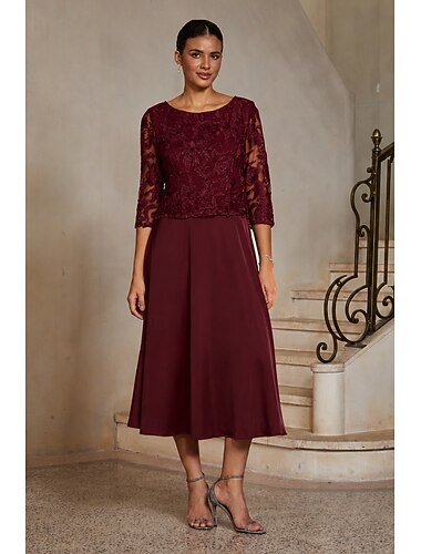  Dames A-lijn Cocktail jurk Bruiloft gast jurk Over de knie Strakke ronde hals 3/4 mouw Illusie Elegant Casual / Dagelijks Moeder van de bruid Semi formeel met Satijn Kant Gesplitst Bordeauxrood