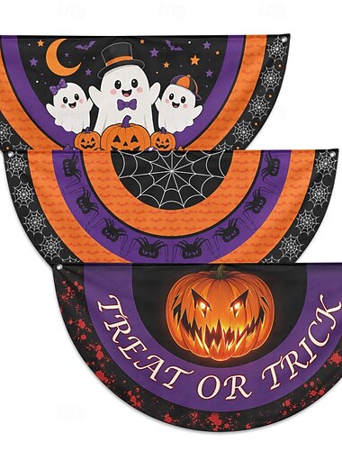  Halloween halvrunde flaggstativer sett med 3 søte spøkelsesgresskar spindelvev knask eller knep assorterte design utendørs veranda rekkverk gjerde festdekorasjoner