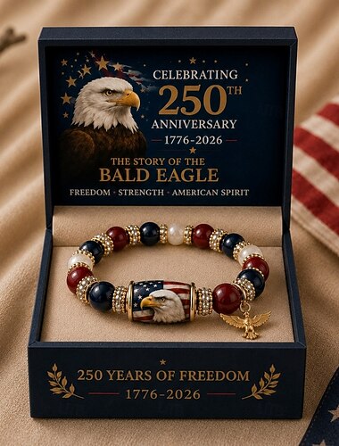  Bracelet commémoratif du 250e anniversaire des États-Unis (2026), bracelet de perles orné du drapeau américain et d'un aigle à tête blanche, bijou cadeau pour la fête de l'indépendance (hommes et