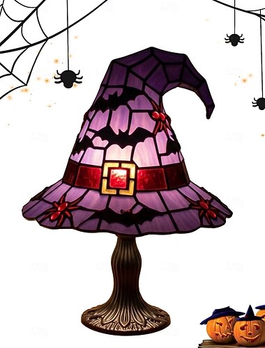  USB-oppladbar halloween-heksehattbordlampe, 7,87" harpiksnattlys med flaggermus &edderkopper, lilla glassmaleri-stil gotisk skrivebordslampe til soverommet, skummel juledekorasjonsgave til henne