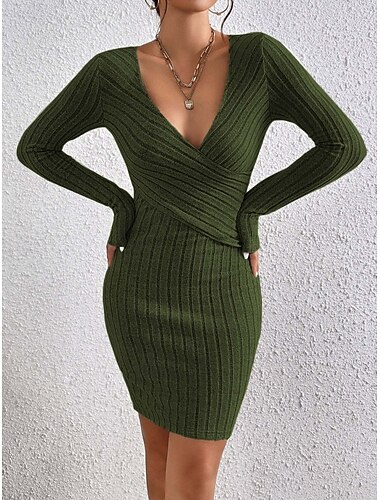  Damen Minikleid Pulloverkleid Etui-Kleid Elegant Mode Täglich Urlaub Party Schlank Einfach Langarm V Ausschnitt Grün Herbst Winter