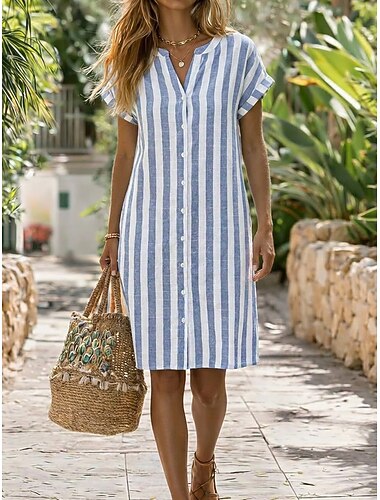  Per donna Abito al ginocchio Abito a Tubino Abito in cotone Vacanza Quotidiano Vestibilità comoda A righe Manica Corta Scollo a V Blu chiaro Nero Rosso Blu marino Estate Primavera Autunno