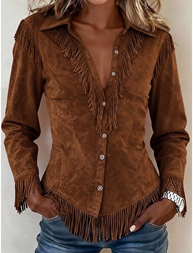  Dames Overhemd Blouse Lapwerk Knop Zoom Effen Bohemen Stijlvol Westers Lange mouw Overhemdkraag Normale tops Casual Dagelijks Feestdagen Wit Zwart Blozend Roze Bruin Zomer Lente Herfst