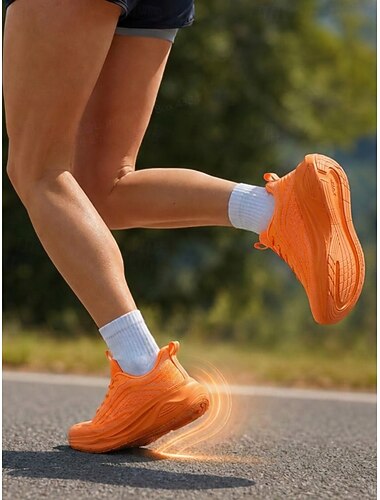  Oranje, ademende Flyknit hardloopschoenen voor dames met schokabsorberende schuimzool, lichtgewicht veterschoenen voor comfortabel hardlopen de hele dag door. &buitenfitness