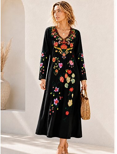  Dame Maxikjole Boho-kjole Elegant Bohem Ferie Hjem Ferie Normal Blomstret Langermet V-hals Svart Høst Vinter