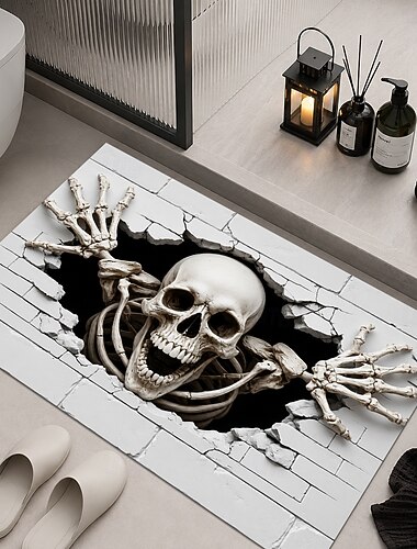  Felpudo de Halloween con ilusión óptica 3D: esqueleto rompiendo una pared. Alfombra de entrada con diseño de ladrillo blanco para interiores y exteriores. Decoración de Halloween para el porche.
