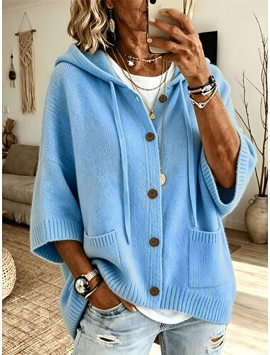  Cardigã feminino azul com botões, suéter casual de malha com capuz e bolsos, mangas compridas.