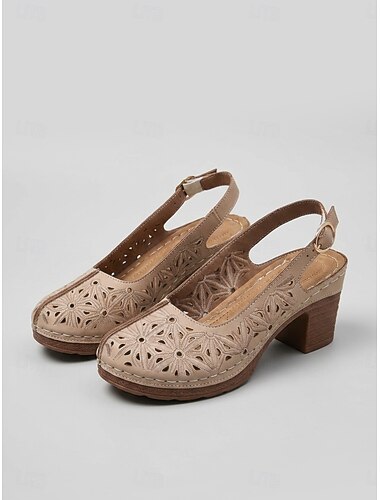  női mandula alakú, vastag sarkú, slingback cipő - virágos hímzésű, kivágott, blokkos sarok, zárt orrú szandál érett nőknek, kerti partira, utazásra &mindennapi viselet