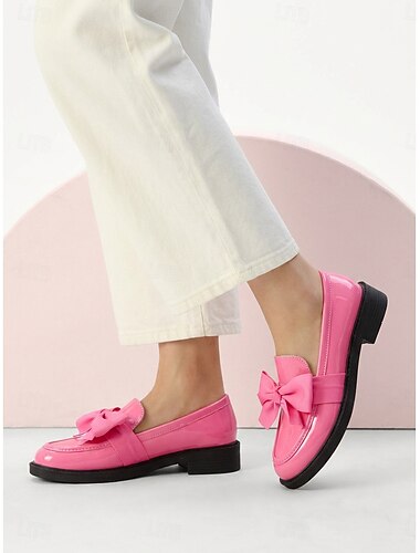  Women's Patent Leather Bow Loafers with Glossy Finish, Elegant Low Heel Dress Shoes, French Vintage Style Slip-On Flats for Women  Chic Comfortable Shoes for Office
