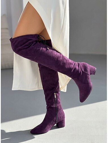  Women's Purple Suede Over the Knee Boots - Fashion Pointed Toe Chunky Block Heel Thigh High Boots for Street Style, Daily Casual Wear