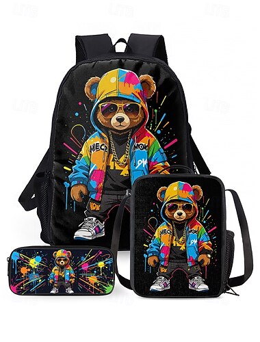  Set di 3 zaini per ragazzi con orsacchiotti disegnati a mano, in poliestere leggero, capiente, con scomparti multipli e borsa termica per il pranzo. &Astuccio per il ritorno a scuola, al campus e in
