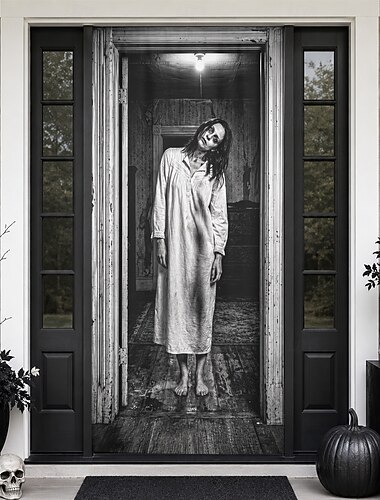  Cubierta de puerta de Halloween, pancarta de puerta de niña fantasma espeluznante, ilusión de pasillo embrujado en 3D, fondo de puerta principal aterrador, entrada, decoración de fiesta de Halloween