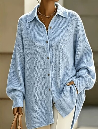  Damen Pullover Strickjacke Elegant Urlaub Täglich Umlegekragen Knöpfe Langarm Lange Oberteile Stricken Täglich Heim Ferien Blau Rosa Frühling Herbst