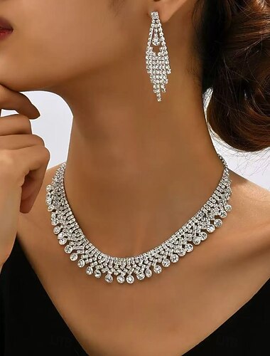  Set di Gioielli 2 Con diamantini Cromo Orecchini Collana Per donna Moda Rotondo Parure di gioielli Per Feste