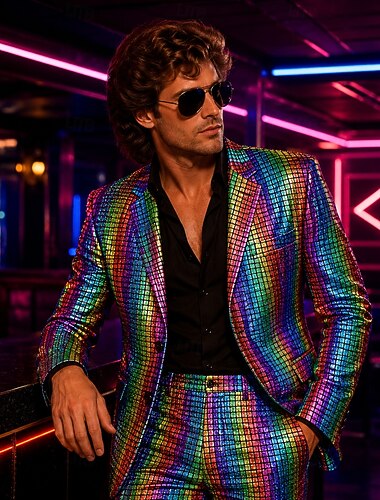  Set Retrò Vintage Disco Anni '80 Abiti Lunghe Disco Metallico Lucido Costume Per uomo Costume di Carnevale Halloween Carnevale Mascherata Feste Performance Discoteca Adulti Cappotto Pantaloni