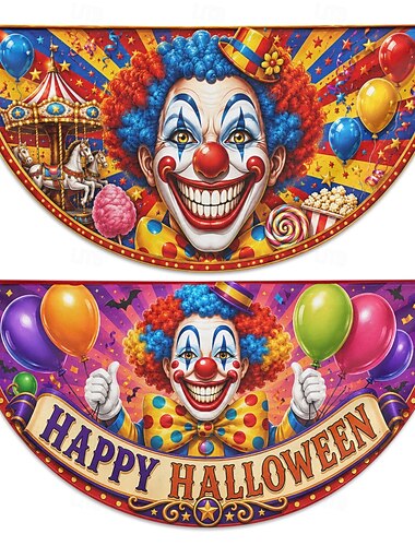  Halloween halvrunde flaggstativer sett med 2 skumle klovner karnevalballonger sirkus utendørs veranda rekkverk gjerde hjemsøkt hus festdekorasjoner