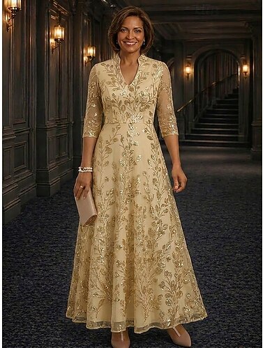  A-lijn Tot de enkel Moeder van de bruid jurk 3/4 mouw V-hals Elegant Luxueus Glitter & Sprankel Formeel Bruiloft gast Bruiloft Kant met Kralen Pailletten