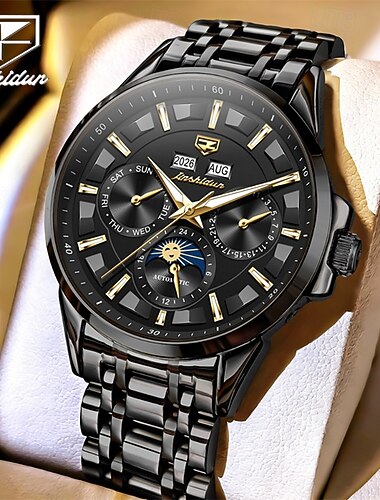  Relógio masculino automático mecânico Jinshidun, relógio de pulso casual de luxo com fase da lua, relógio à prova d'água em aço inoxidável preto com múltiplos calendários (ano/mês/semana/dia), presente elegante para homens