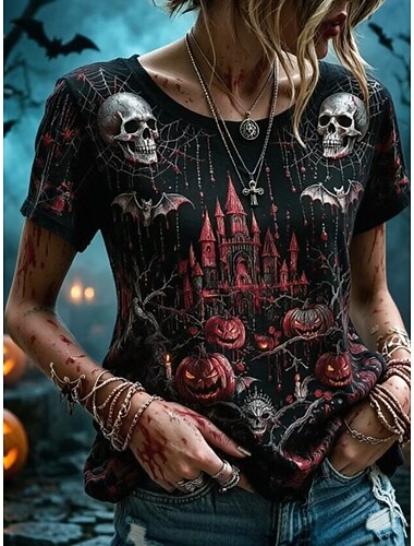  Halloween Damen T Shirt Farbblock Druck Grafik Vintage Stilvoll Klassisch Kurzarm Rundhalsausschnitt Normale Oberteile Lässig Täglich Schwarz Sommer Frühling