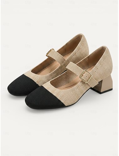  Dame marineblå strikkede Mary Jane pumps, rund tå, lav blokhæl og justerbar spænderem, komfortable elegante sko til kontor, bryllupper, rejser og hverdagsbrug