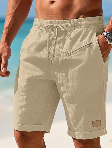  Herren Leinenshorts Sommershorts Strandshorts Freizeitshorts Kordelzug Elastischer Bund Reißverschlusstasche Einfach Einheitliche Farbe Komfort Weich Knielang Lässig Täglich Strand Mode Schick