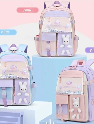  Ensemble 3-en-1 de sac à dos scolaire pour filles, sac à livres imperméable pour l'école primaire avec sac à lunch &Trousse à crayons, grand sac d'école lapin pour enfants du CP au CM2, porte latérale