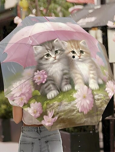  Guarda-chuva dobrável de viagem com estampa de gato e flor, guarda-chuva portátil com abertura automática, protetor solar, leve, à prova de vento e impermeável, com proteção UV, adequado para homens e