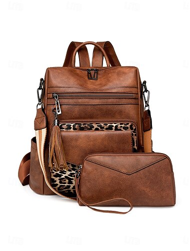  Damesrugzak en -tas in bruin, vintage look, converteerbare reistas met bijpassend polstasje, kwastjesdetail, casual schoudertas met meerdere vakken voor werk, school, winkelen en dagelijks gebruik.