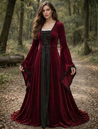  Medievale Rinascimento Vestito Costume di fantasia Lunghe Strega Vichingo Costume Per donna Celtico Fantasia Halloween Carnevale Performance LARP Fiera Rinascimentale Adulti Vestito