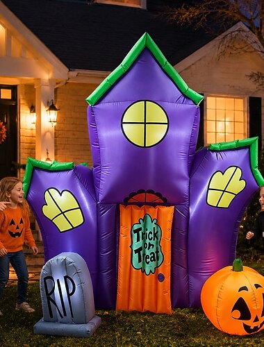  Maison hantée gonflable de 2,13 m (7 pieds) avec fantôme et citrouille, idéale pour Halloween. &Pierre tombale gonflable avec lumières LED intégrées, décoration de jardin pour intérieur et extérieur,