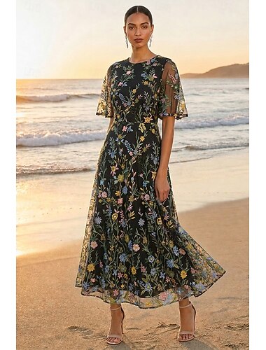  A-Linie Kleid Knöchellänge Brautmutterkleid Halbarm Rundhalsausschnitt Elegant Vintage luxuriös Strandhochzeit Gartenparty Formell Tüll Spandex Satin Chiffon mit Falten Stickerei Blume