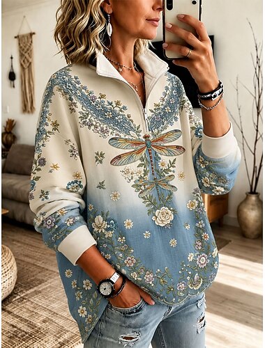  Dam Pullover-tröja Blommig Grafisk Julgran Vintage Ledigt Tryck Långärmad Halv dragkedja Vanliga toppar Ledigt Hem Arbete Blå Vit Gul Rodnande Rosa Vår Höst Vinter