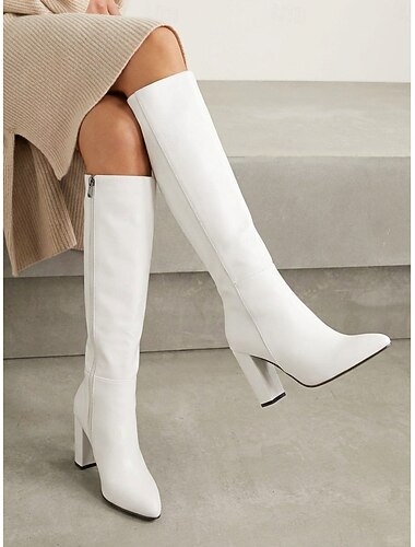  Women's White Faux Leather Knee High Fashion Boots - Fashion Side Zipper Pointed Toe Chunky Block High Heel Tall Dress Boots for Street Style, Daily Wear