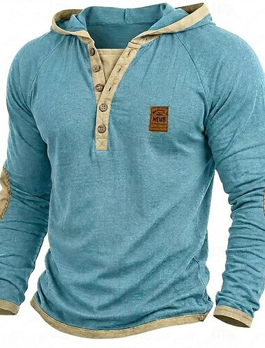  Herren T Shirt T-Shirt Langarmshirt Herrenhemden mit Ellbogenflicken Langarm Farbblock Schmale Falten Mode Designer Basic Schnürung Patchwork Mit Kapuze Henley Lässig Urlaub Straße Frühling Herbst