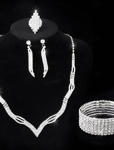  Set di Gioielli 4 Con diamantini Strass Orecchini Collana Per donna Moda Classico Rotondo Parure di gioielli Per Matrimonio