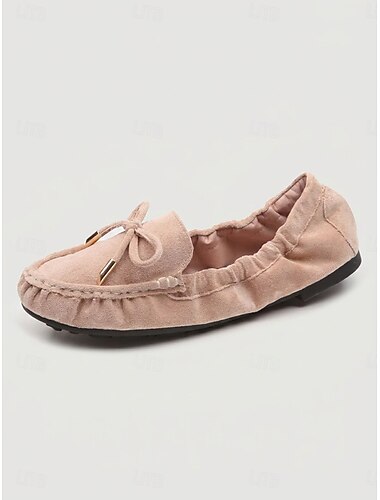  Roze damesinstappers met geplooide kraag en strik, comfortabele casual mocassins voor woon-werkverkeer en wandelingen op het platteland. &vrijetijdskleding