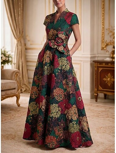  A-Linie Bodenlang Abendkleid Abendkleid Elegant Vintage luxuriös Kurzarm V Ausschnitt Abendgesellschaft Hochzeit Metallgewebe Jacquard mit 3D-Blumen Falten Tasche