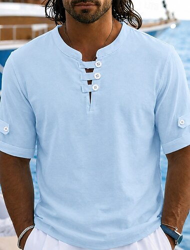  Herren Leinenhemd Poloshirts Lässig Urlaub Kragenlos Kurzarm Urlaub Modern Einfach Farbblock Knöpfe Sommer Frühling Blau Weiß Gelb Leinenhemd