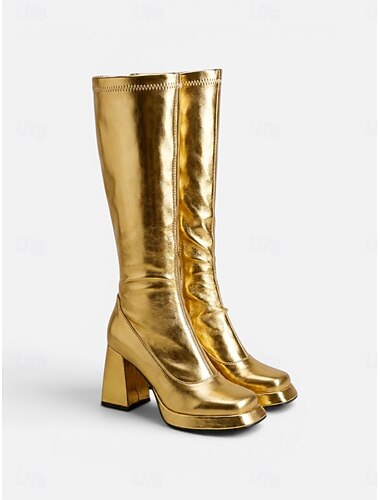  Weiße, kniehohe Plateau-Stiefel für Damen mit 9 cm hohem, stabilem Blockabsatz und elastischem Schaft – ein echter Hingucker für Herbst und Winter, perfekt für Dates, Partys und Abendveranstaltungen.